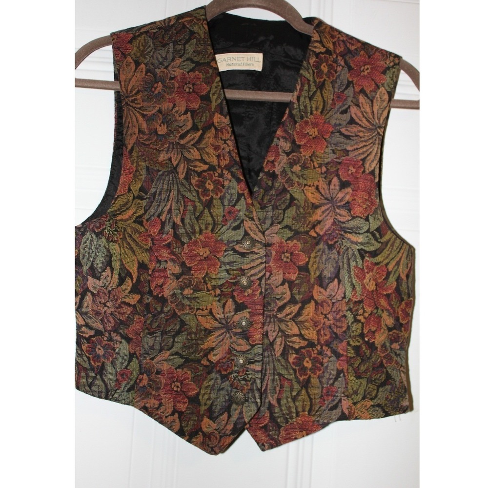 Garnet Hill Natural Fibers Floral‎ Tapestry Vest Vintage Button Front Cinch Back - Picture 2 of 10
